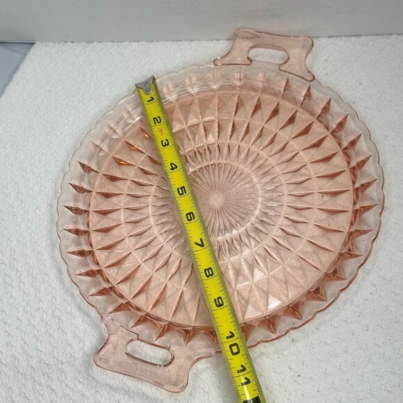 Jeannette Windsor Pink Glass Diamond Pattern Handled Tray Cake Platter Serving - Picture 2 of 3